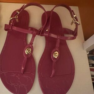 Women's Pink Logo Embossed T-Strap Sandals with Gold Accent